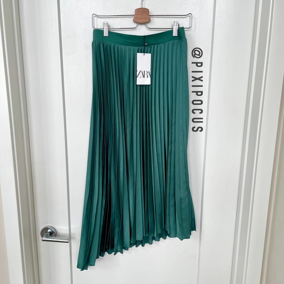 ZARA PLEATED SATIN MIDI SKIRT METALLIC GREEN - Picture 8 of 9